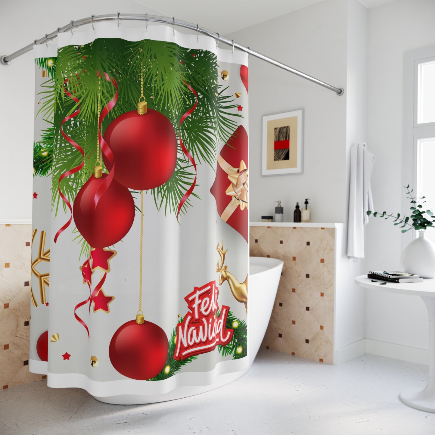 Cortina de Ducha Festiva - Decoración Navideña con Diseño "Feliz Navidad"