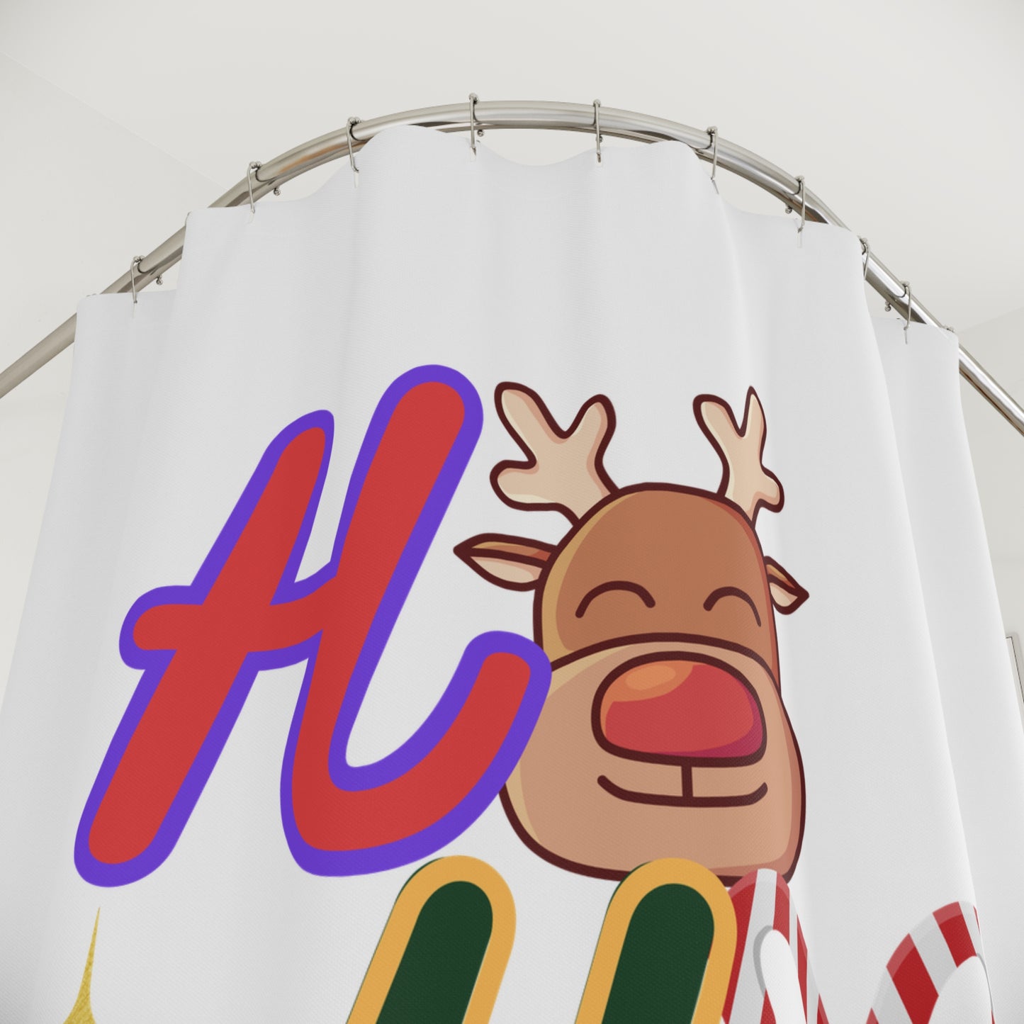 Cortina de Ducha Festiva - Decoración Navideña con Alegre Diseño "Ho Ho Ho" y Un Lindo Reno